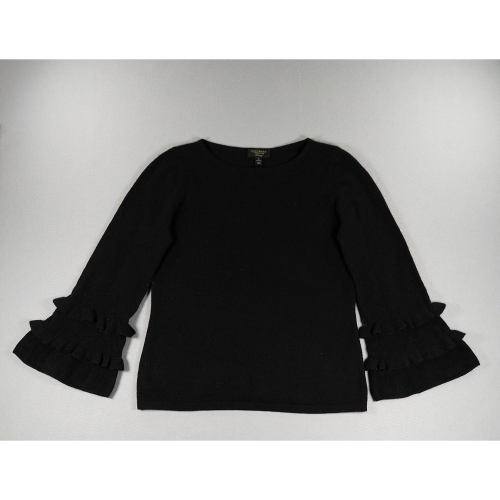 Charter‎ Club 100% Cashmere Sweater Women M Black Ruffle Bell Sleeve Luxury Knit